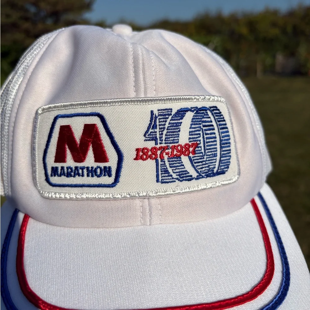 Marathon Gas 1987 Vintage 80s White Snapback Trucker Hat Cap OSFA Made in USA